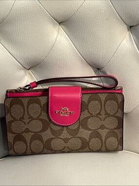 Coach Wallet wristlet Pink Brown Signature Canvas Pink Leather Trim
